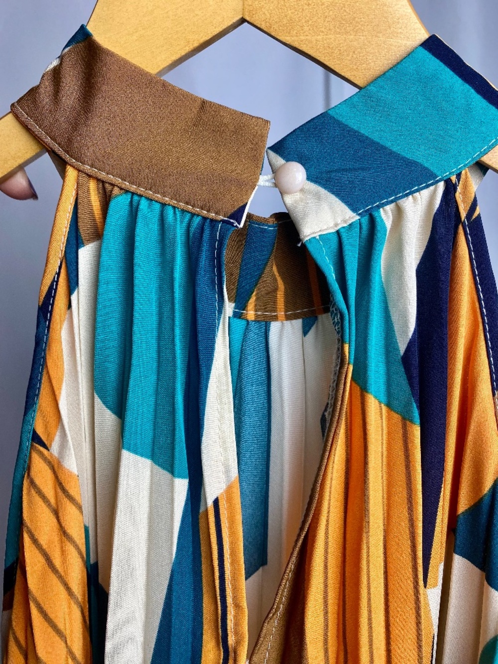 Indie Artsy Multicolor Teal Orange Geometric Pleated Flowy Halter Dress X-Large - Picture 8 of 10
